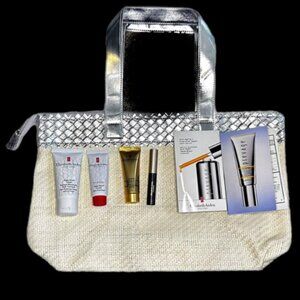 Elizabeth Arden Straw Bag Purse Silver Handle with 6 pc Sample Set New With Tags